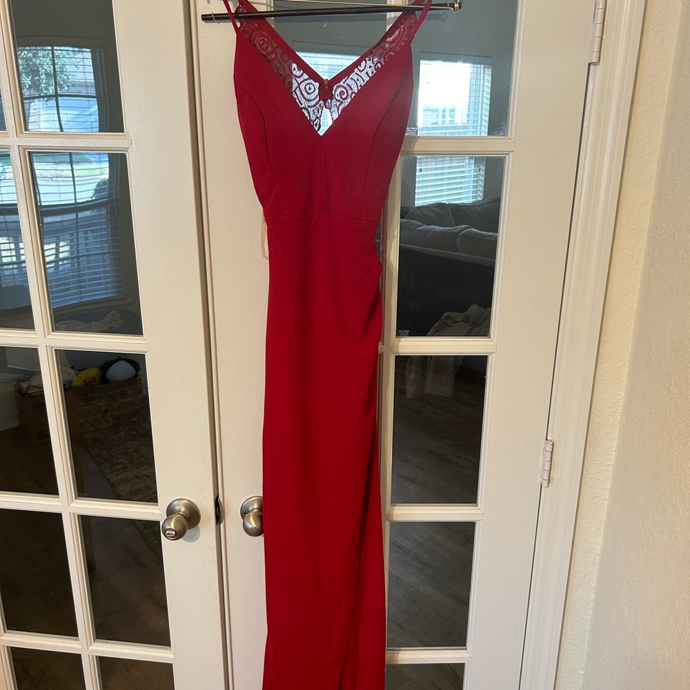 Women’s red formal dress size medium spaghetti strap high slit Emerald Sundae.